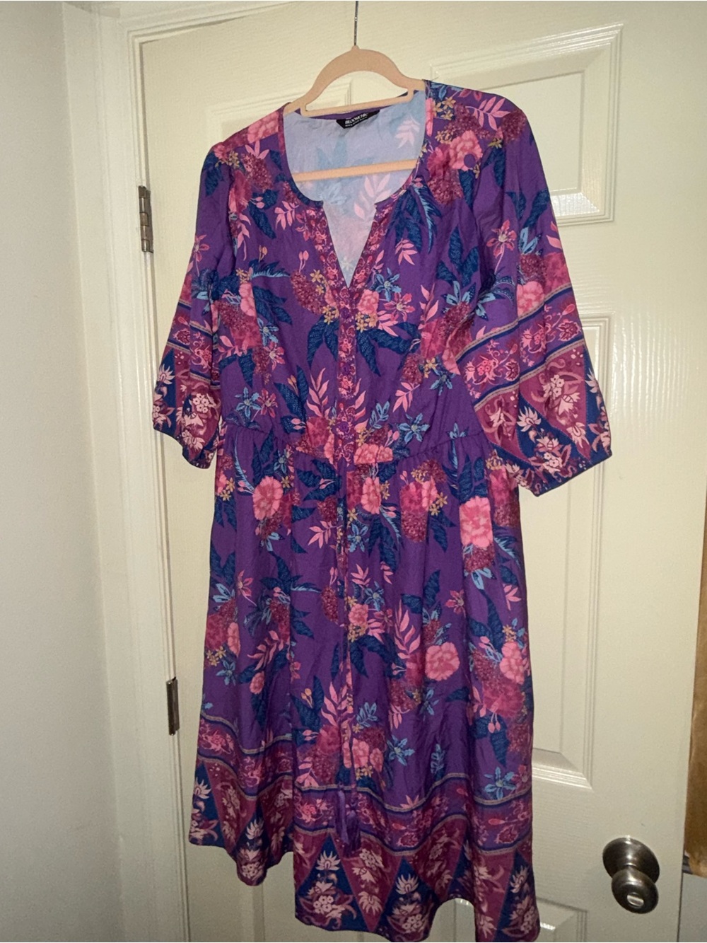 BloomChic Purple Floral V-Neck Midi Dress with Pink & Blue Accents